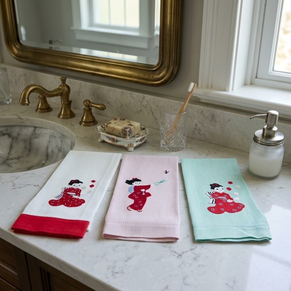 Vintage Embroidered Japanese Kimono Girl Guest Towel Set of 3 Pink Green White